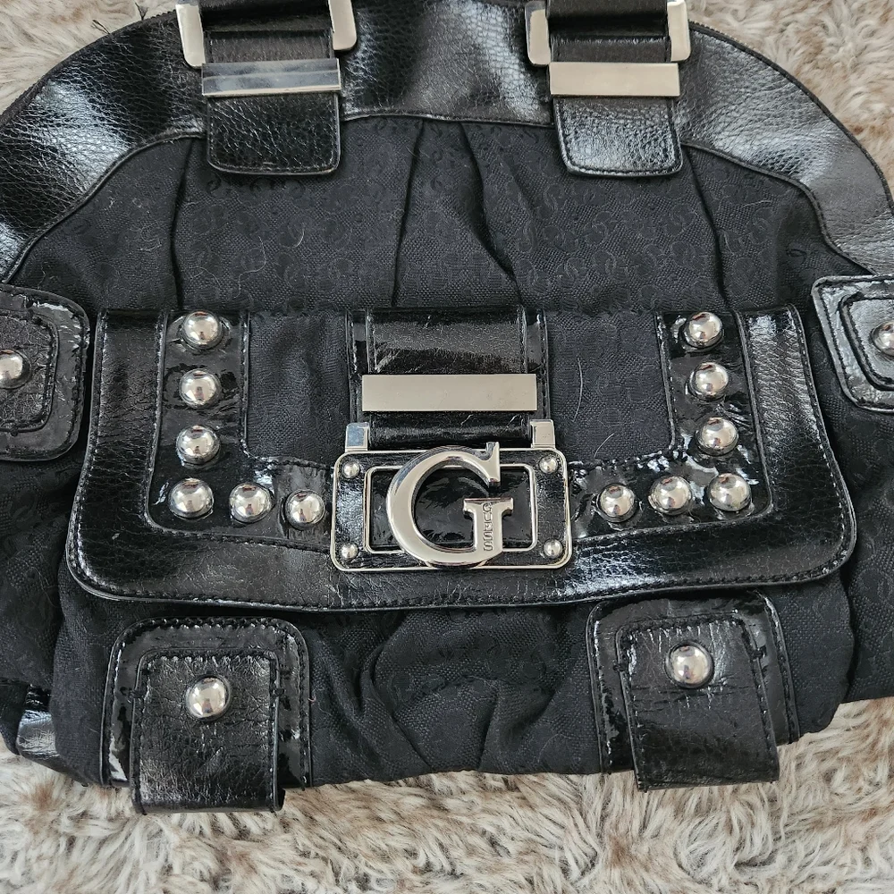 Guess Vintage Y2K Black Faux Leather‎ Silver Studded Handbag